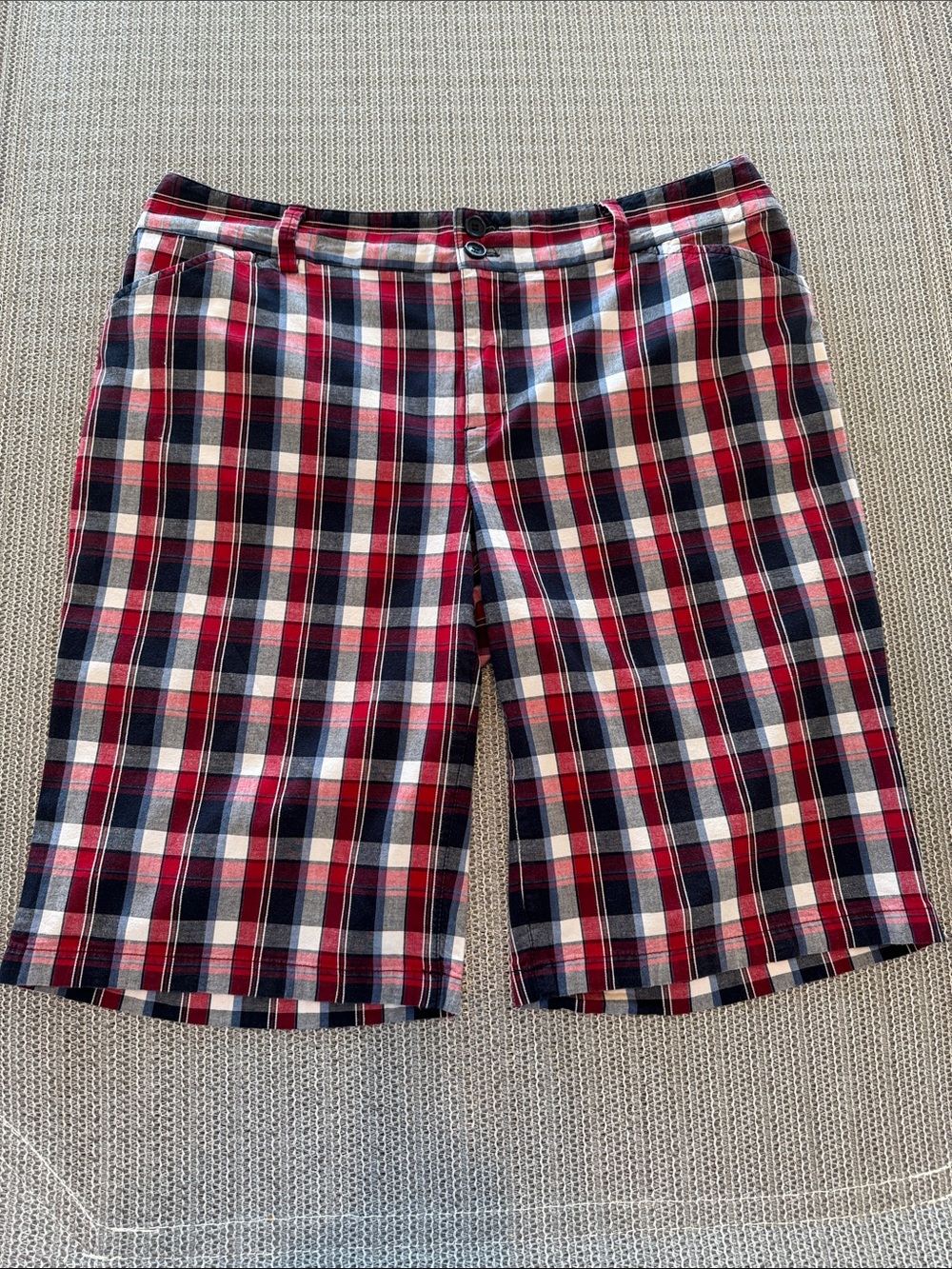 Christopher & Banks Red, Navy & White Plaid Bermuda Shorts